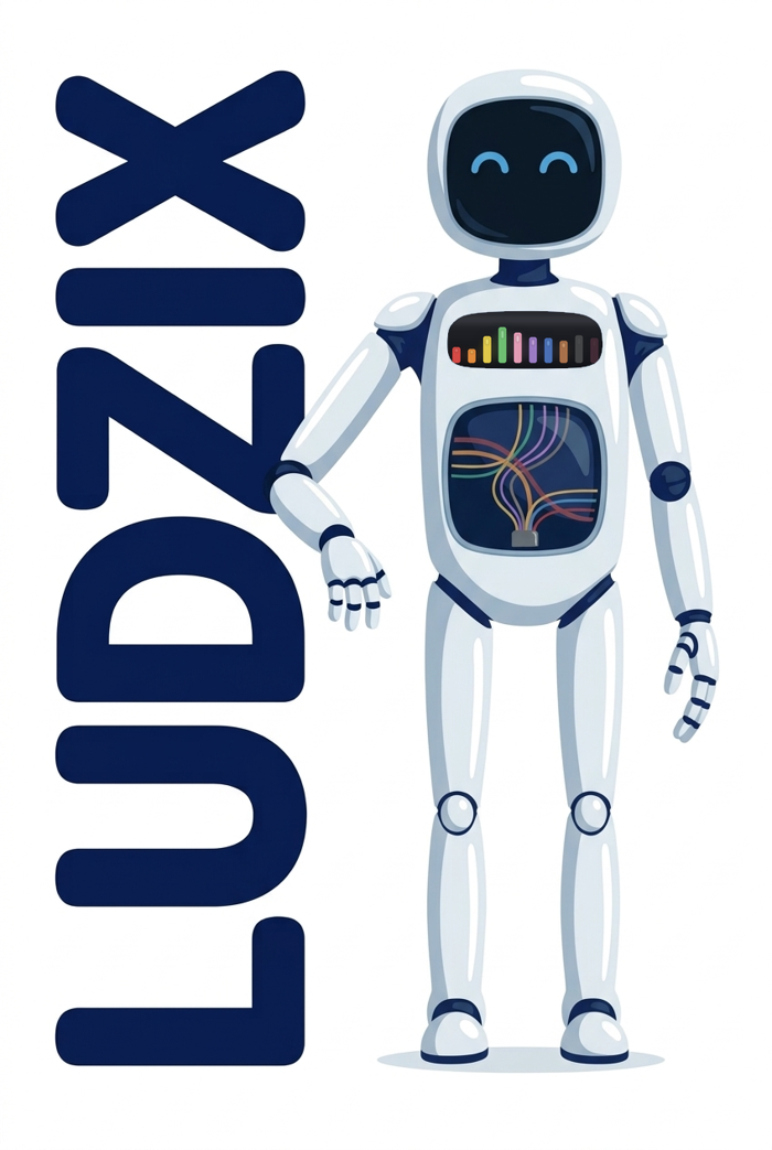 Wysoki, dorosły Ludzix oparty o napis LUDZIX